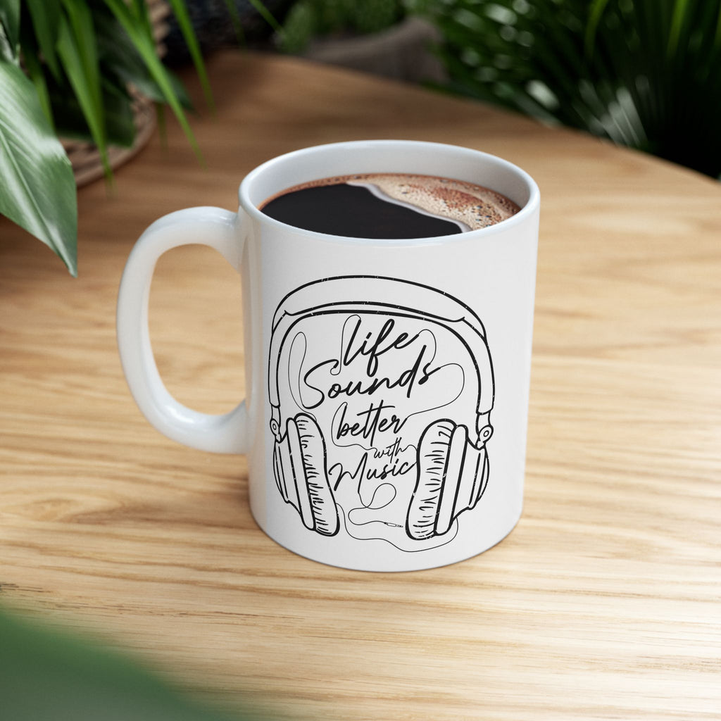 Retro Headphones Outline Coffee Mug — Music Lover Gift (11oz/15oz)