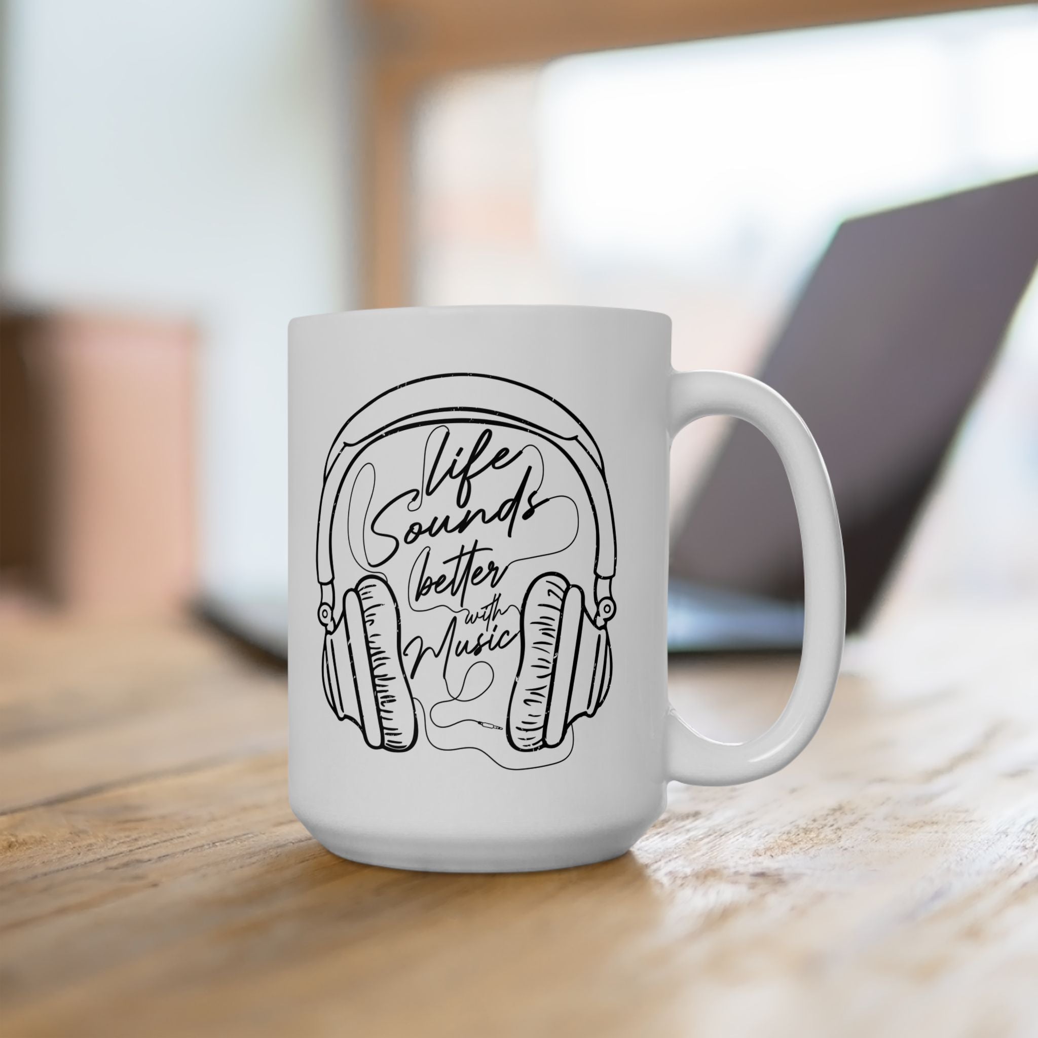 Retro Headphones Outline Coffee Mug — Music Lover Gift (11oz/15oz)