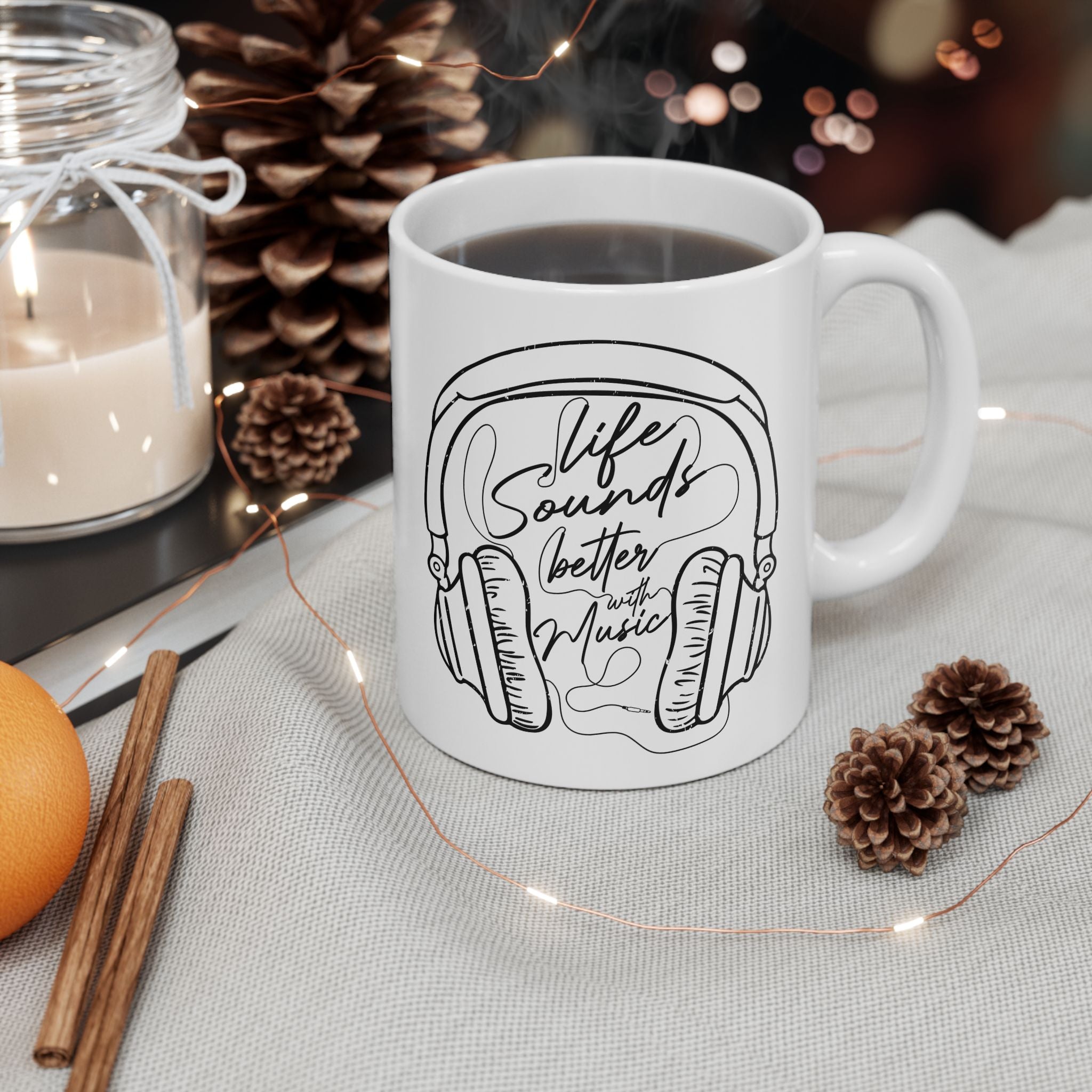 Retro Headphones Outline Coffee Mug — Music Lover Gift (11oz/15oz)