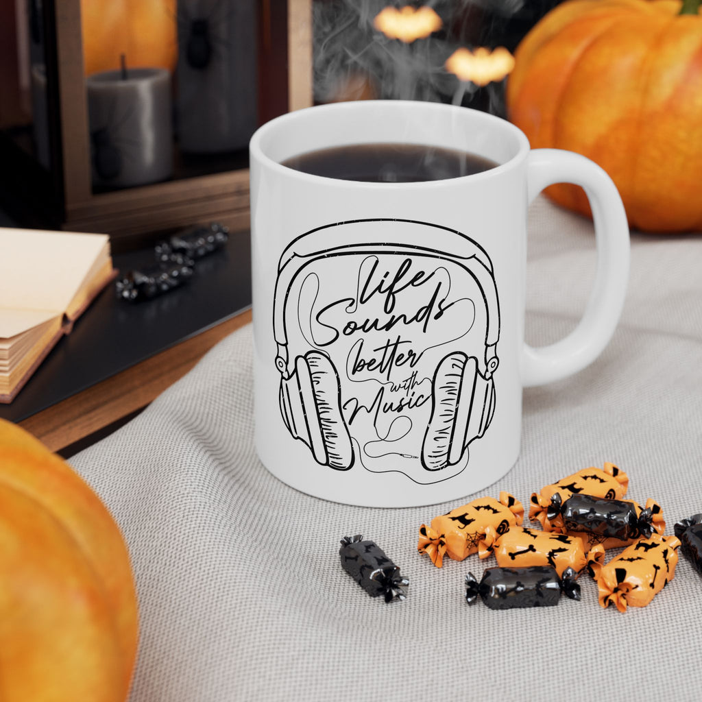Retro Headphones Outline Coffee Mug — Music Lover Gift (11oz/15oz)